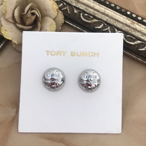 TORY BURCH • Silver Logo Dome Medallion Earrings - Picture 5 of 5